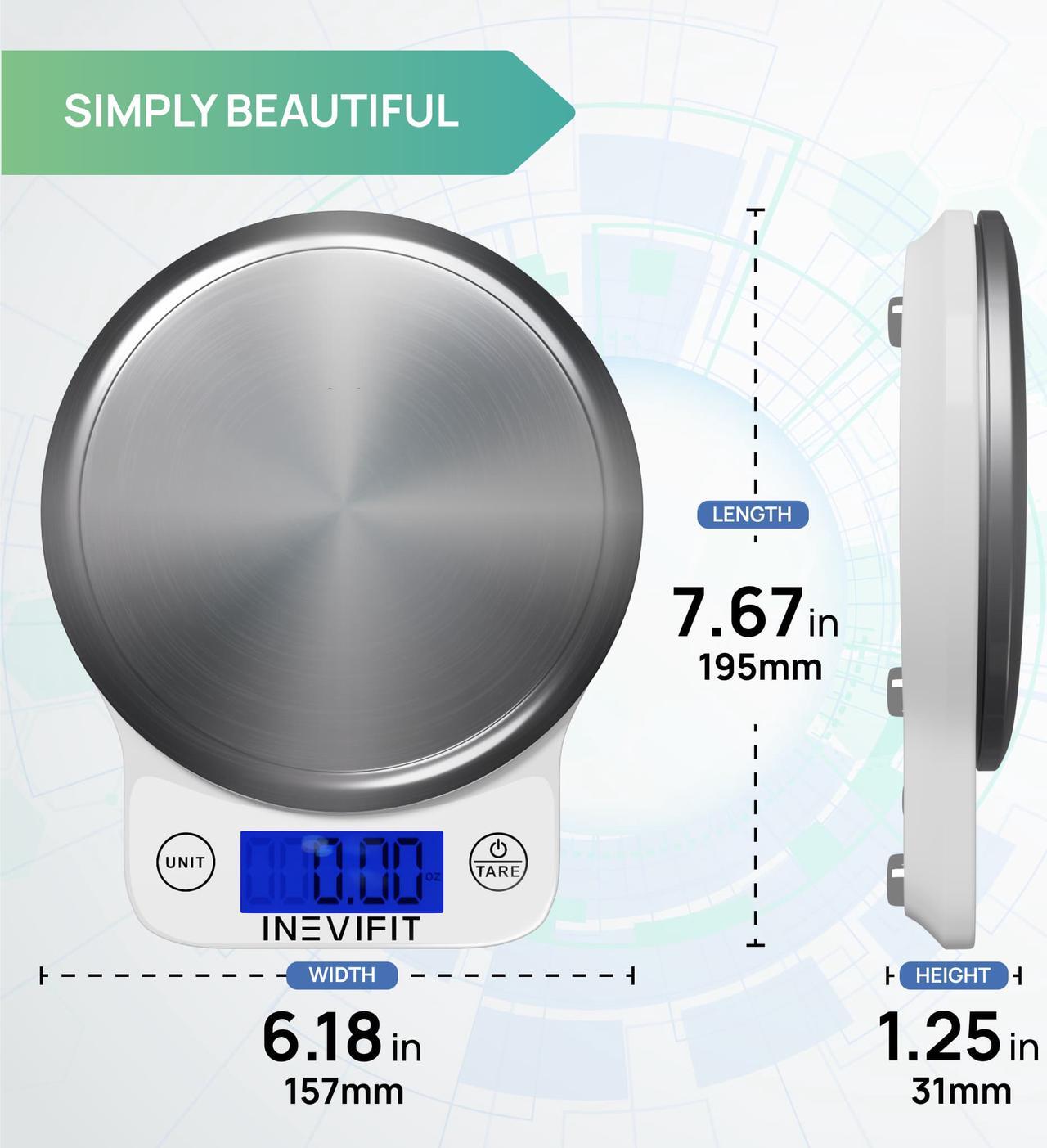Alt view image 5 of 7 - INEVIFIT DIGITAL KITCHEN SCALE, Highly Accurate Multifunction Food Scale 13 lbs 6kgs Max, Clean Modern White with Premium Stainless Steel Finish. Includes Batteries & 5-Year Warranty