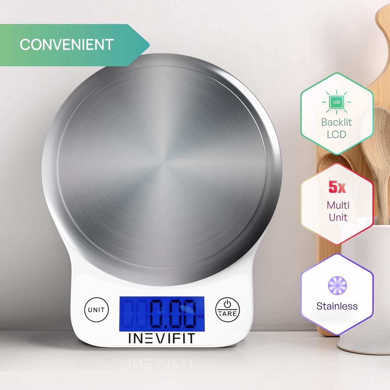 Alt view image 3 of 7 - INEVIFIT DIGITAL KITCHEN SCALE, Highly Accurate Multifunction Food Scale 13 lbs 6kgs Max, Clean Modern White with Premium Stainless Steel Finish. Includes Batteries & 5-Year Warranty