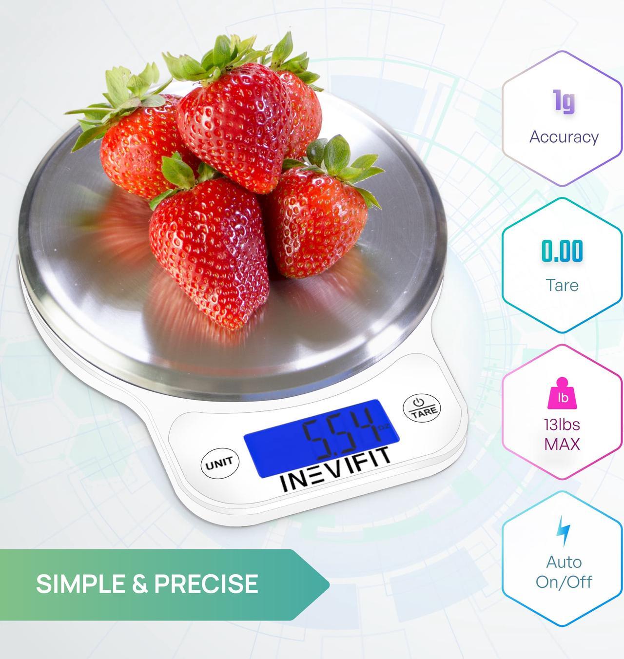 Alt view image 2 of 7 - INEVIFIT DIGITAL KITCHEN SCALE, Highly Accurate Multifunction Food Scale 13 lbs 6kgs Max, Clean Modern White with Premium Stainless Steel Finish. Includes Batteries & 5-Year Warranty