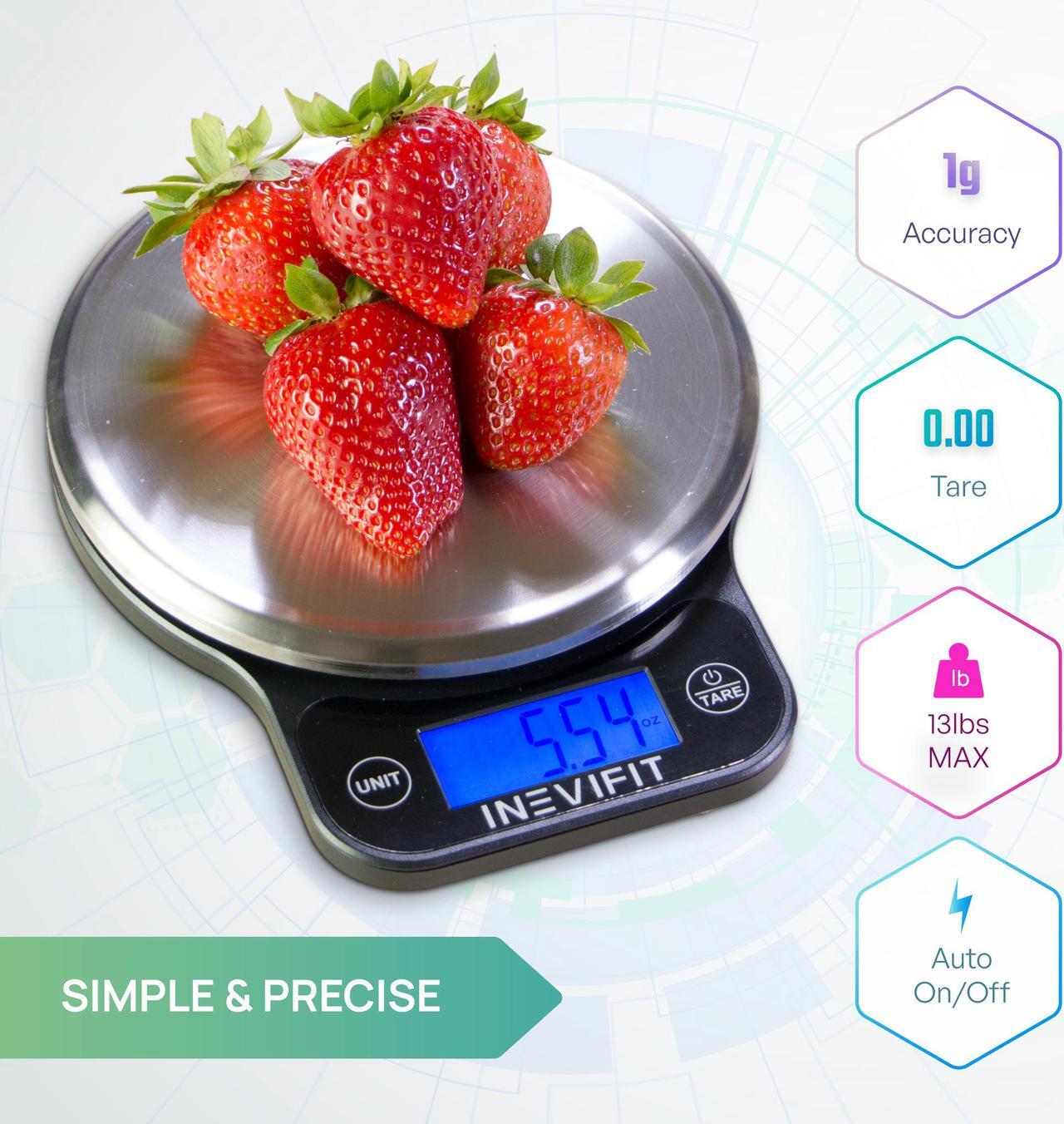 Alt view image 2 of 6 - INEVIFIT DIGITAL KITCHEN SCALE, Highly Accurate Multifunction Food Scale 13 lbs 6kgs Max, Clean Modern Black with Premium Stainless Steel Finish. Includes Batteries & 5-Year Warranty