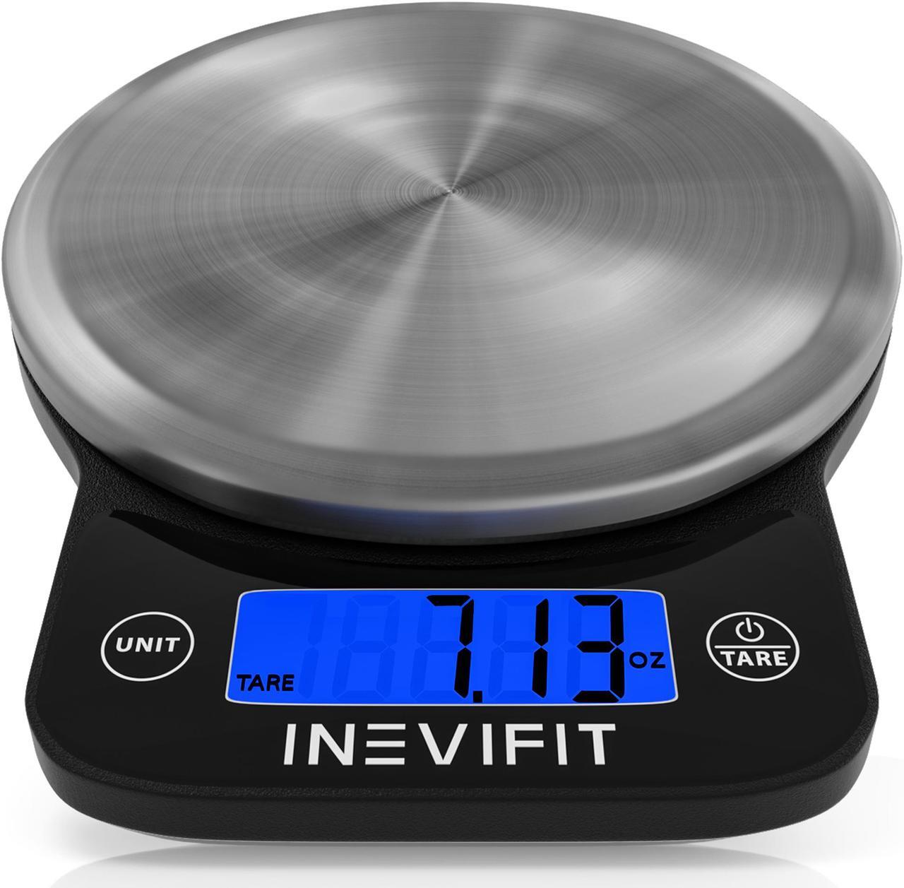 Main image of INEVIFIT DIGITAL KITCHEN SCALE, Highly Accurate Multifunction Food Scale 13 lbs 6kgs Max, Clean Modern Black with Premium Stainless Steel Finish. Includes Batteries & 5-Year Warranty