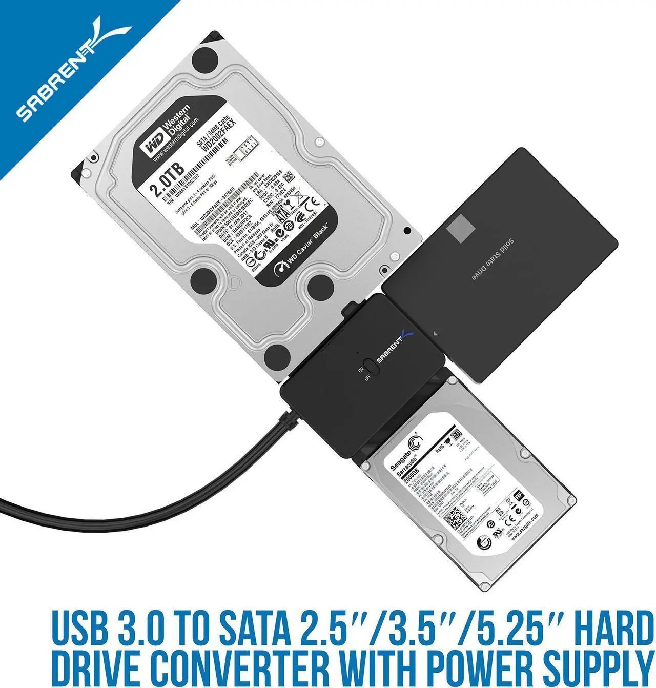 Alt view image 2 of 10 - Sabrent USB 3.0 to SSD/SATA/IDE 2.5/3.5/5.25-INCH Hard Drive Converter with UL Power Supply & LED Activity Lights [10TB Support] (USB-DS12)