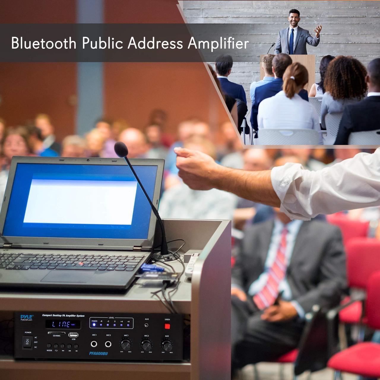 Alt view image 6 of 20 - Bluetooth Public Address Amplifier - Compact PA Speaker & Microphone Receiver System with (2) Mic Inputs, MP3/USB/SD Readers, FM Radio (300 Watt)
