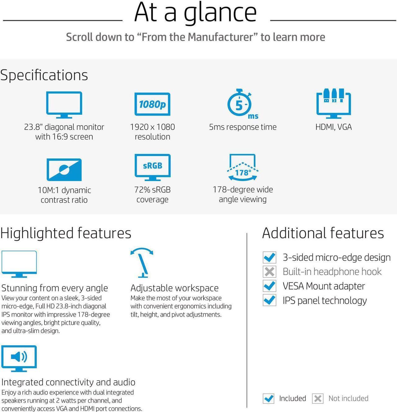 Alt view image 6 of 20 - HP VH240a 23.8" Full HD 1920 x 1080 60 Hz 5ms (GTG) HDMI, VGA LED Backlight IPS Monitor