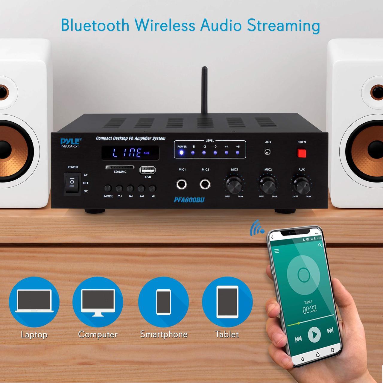 Alt view image 5 of 20 - Bluetooth Public Address Amplifier - Compact PA Speaker & Microphone Receiver System with (2) Mic Inputs, MP3/USB/SD Readers, FM Radio (300 Watt)