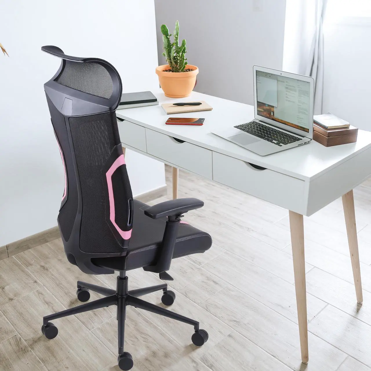 Alt view image 6 of 7 - Dowinx Gaming Office Chair With 3D Armrests, Breathable Mesh Desk Chairs Headrest, Low-Back Ergonomic Chair with Lumbar Support and Reclines, Perforated Leather Task Chair for Office Home Black Pink