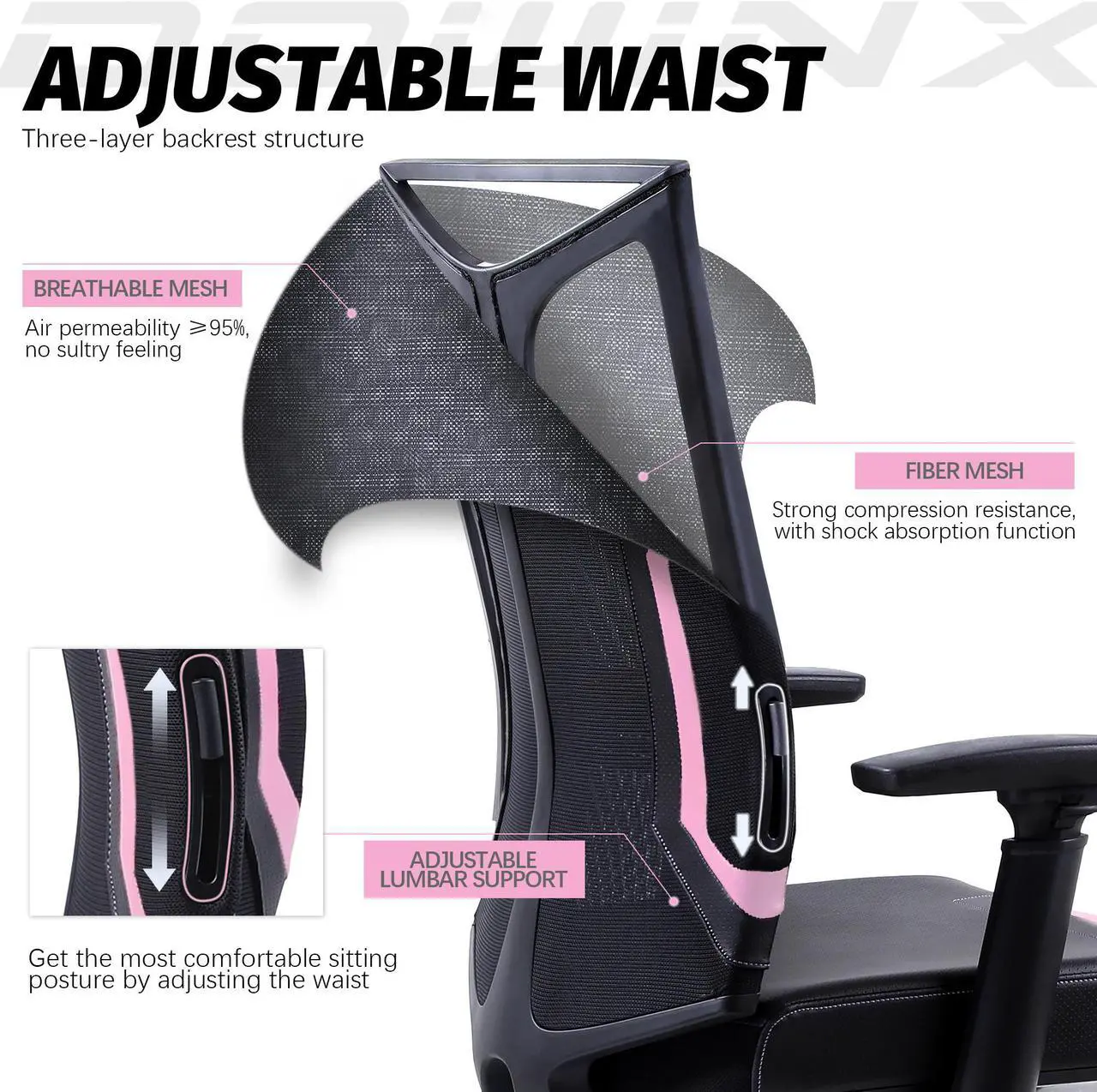 Alt view image 2 of 7 - Dowinx Gaming Office Chair With 3D Armrests, Breathable Mesh Desk Chairs Headrest, Low-Back Ergonomic Chair with Lumbar Support and Reclines, Perforated Leather Task Chair for Office Home Black Pink
