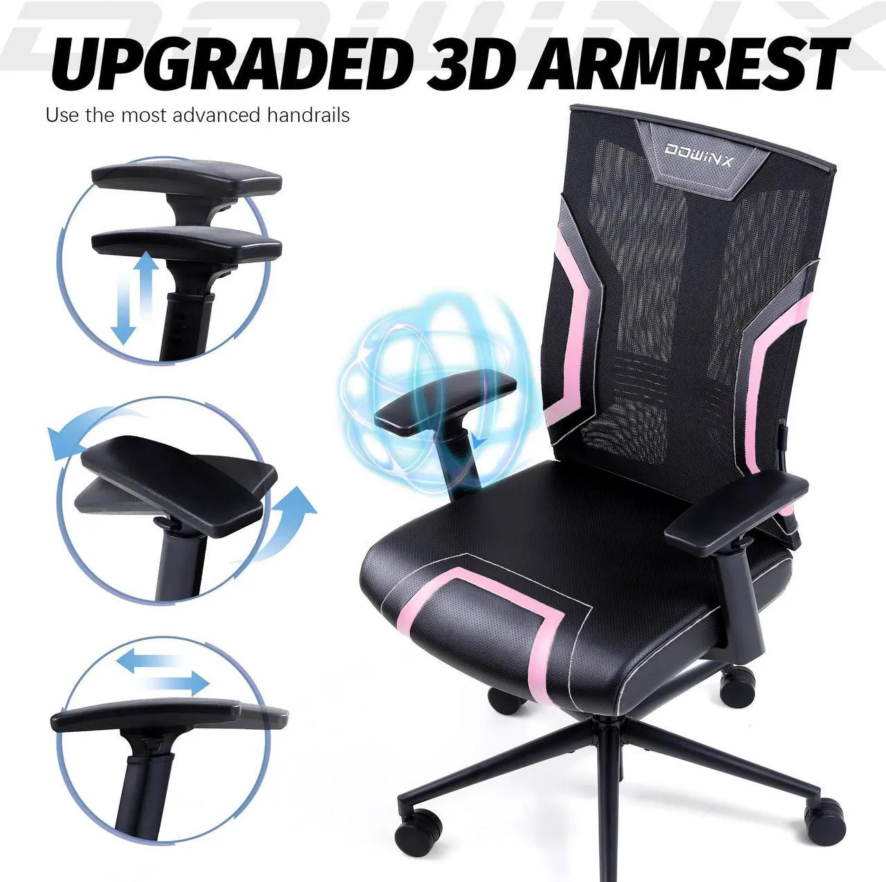 Alt view image 5 of 7 - Dowinx Gaming Office Chair With 3D Armrests, Breathable Mesh Desk Chairs Headrest, Low-Back Ergonomic Chair with Lumbar Support and Reclines, Perforated Leather Task Chair for Office Home Black Pink