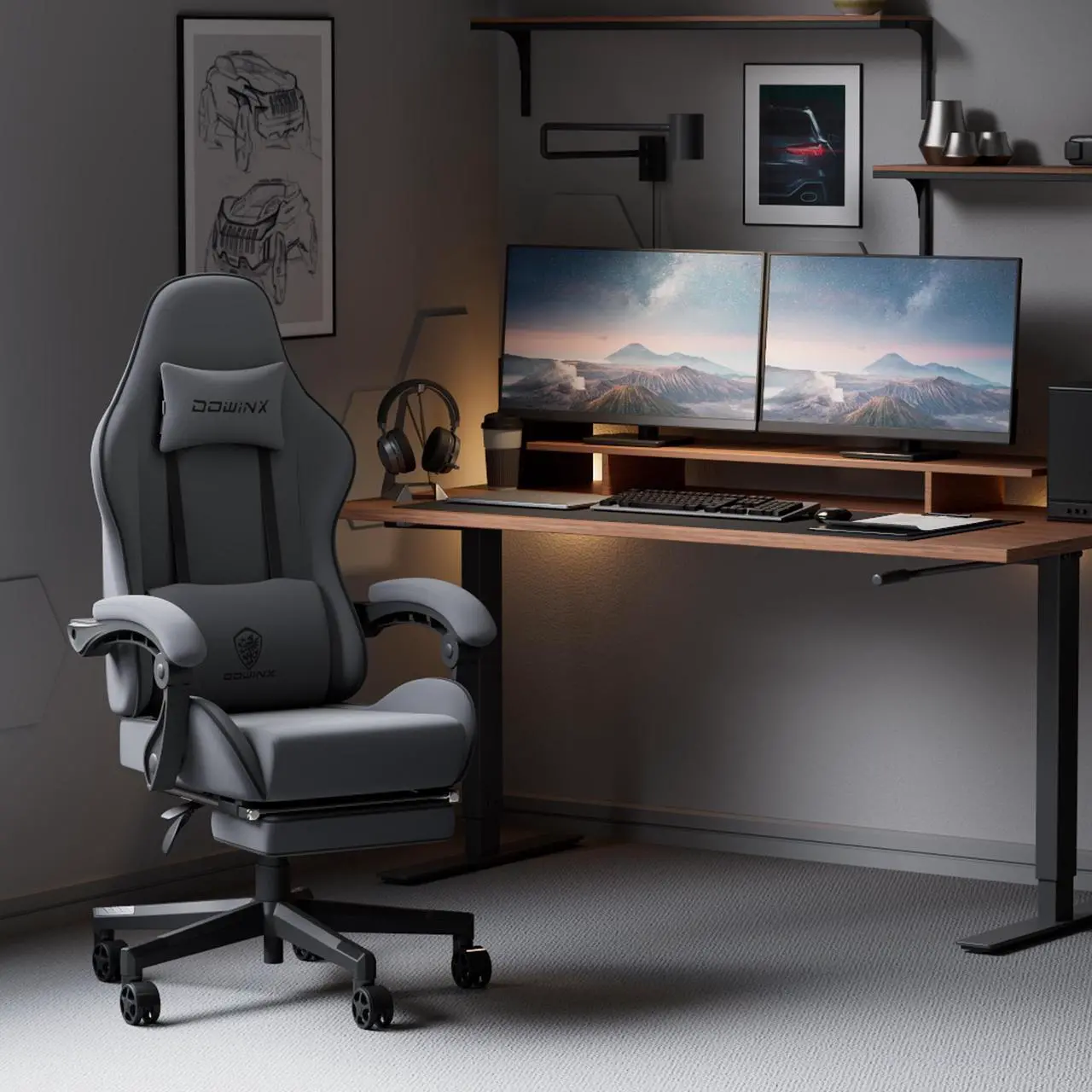 Alt view image 6 of 7 - Dowinx Gaming Chair Fabric with Pocket Spring Cushion, Massage Game Chair Cloth with Headrest, Ergonomic Computer Chair with Footrest 290LBS, Black