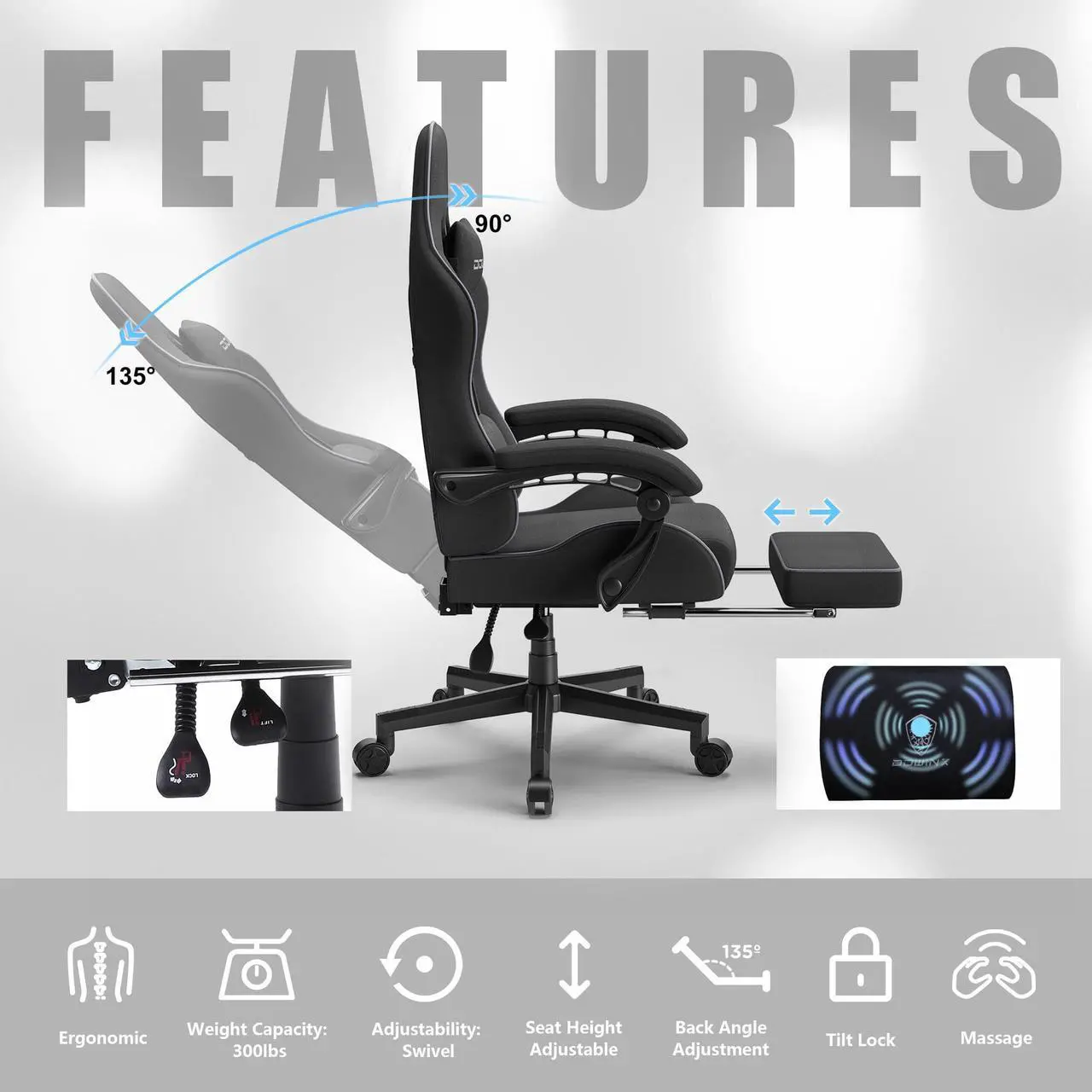 Alt view image 5 of 7 - Dowinx Gaming Chair Fabric with Pocket Spring Cushion, Massage Game Chair Cloth with Headrest, Ergonomic Computer Chair with Footrest 290LBS, Black