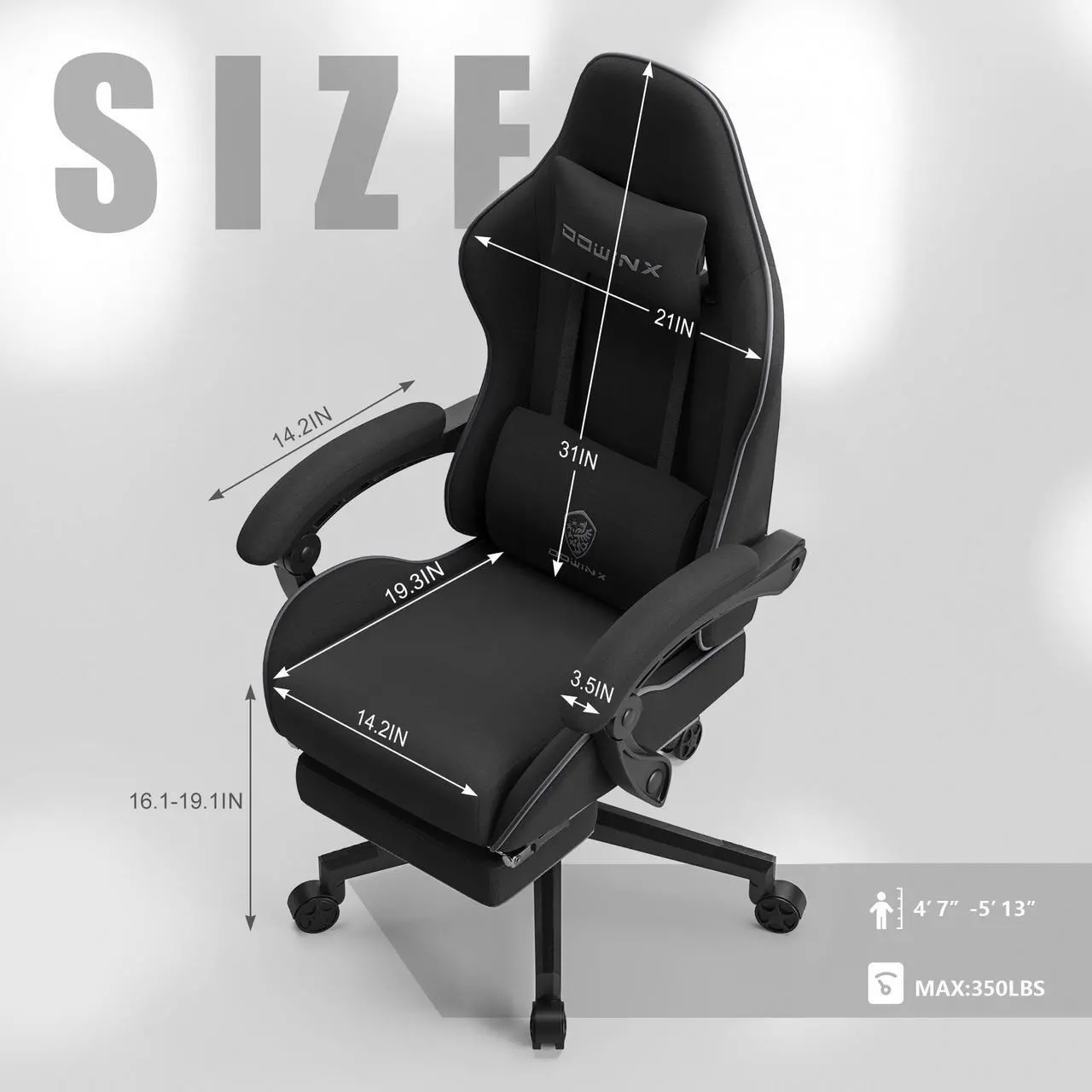 Alt view image 7 of 7 - Dowinx Gaming Chair Fabric with Pocket Spring Cushion, Massage Game Chair Cloth with Headrest, Ergonomic Computer Chair with Footrest 290LBS, Black