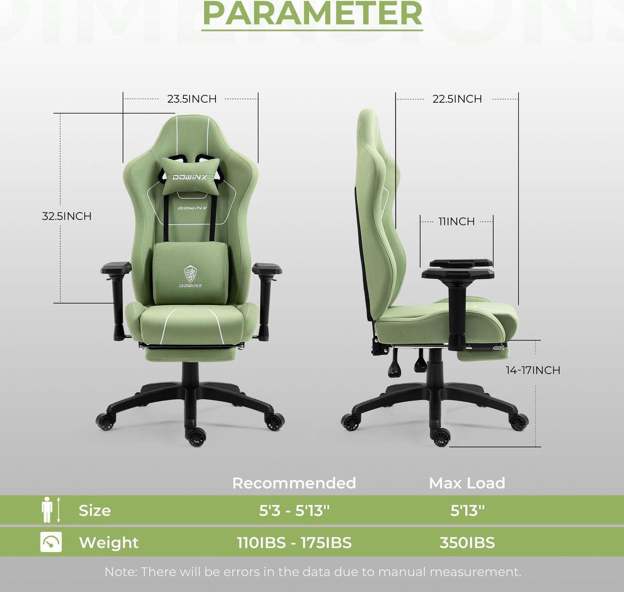 Alt view image 7 of 7 - Dowinx Gaming Chair Tech Fabric with Pocket Spring Cushion, Ergonomic Computer Chair with Massage Lumbar Support and Footrest, Comfortable Reclining Game Office Chair 300lbs for Adult and Teen, Green
