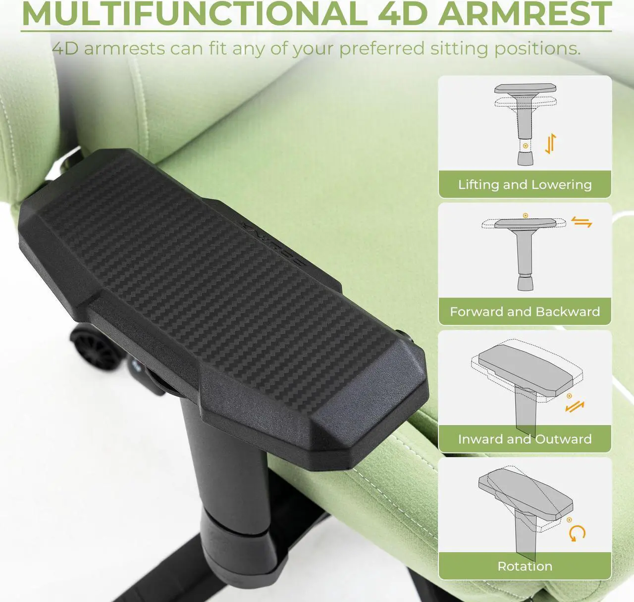 Alt view image 4 of 7 - Dowinx Gaming Chair Tech Fabric with Pocket Spring Cushion, Ergonomic Computer Chair with Massage Lumbar Support and Footrest, Comfortable Reclining Game Office Chair 300lbs for Adult and Teen, Green