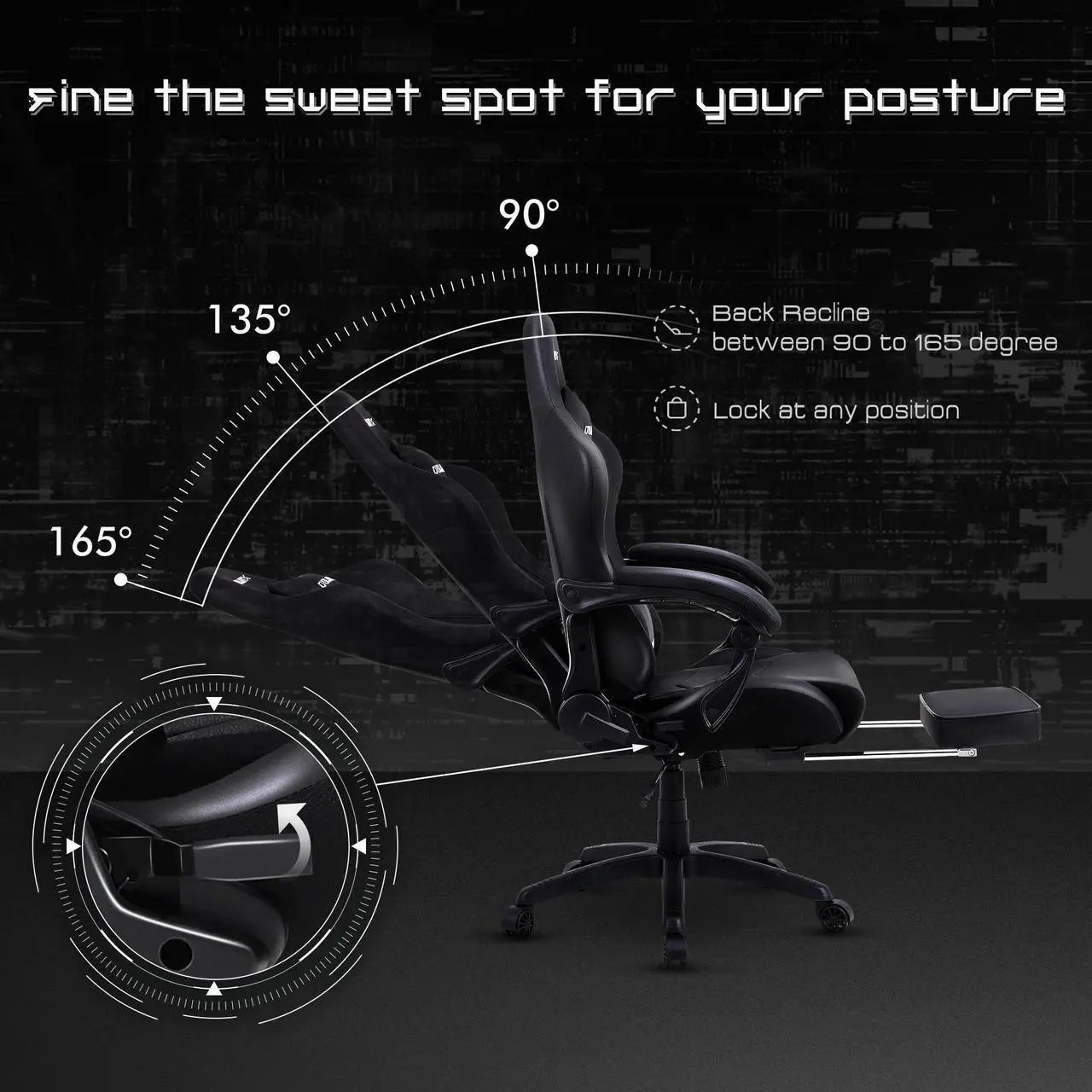 Alt view image 4 of 7 - Dowinx Ergonomic Gaming Chair with Massage Lumbar Support, High Back Office Computer Chair with Footrest, Racing Style Recliner PU Leather Gamer Chairs, Black