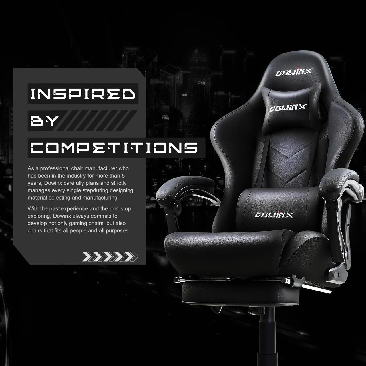 Alt view image 6 of 7 - Dowinx Ergonomic Gaming Chair with Massage Lumbar Support, High Back Office Computer Chair with Footrest, Racing Style Recliner PU Leather Gamer Chairs, Black