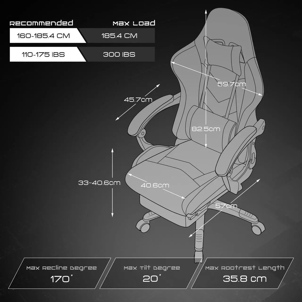 Alt view image 7 of 7 - Dowinx Ergonomic Gaming Chair with Massage Lumbar Support, High Back Office Computer Chair with Footrest, Racing Style Recliner PU Leather Gamer Chairs, Black