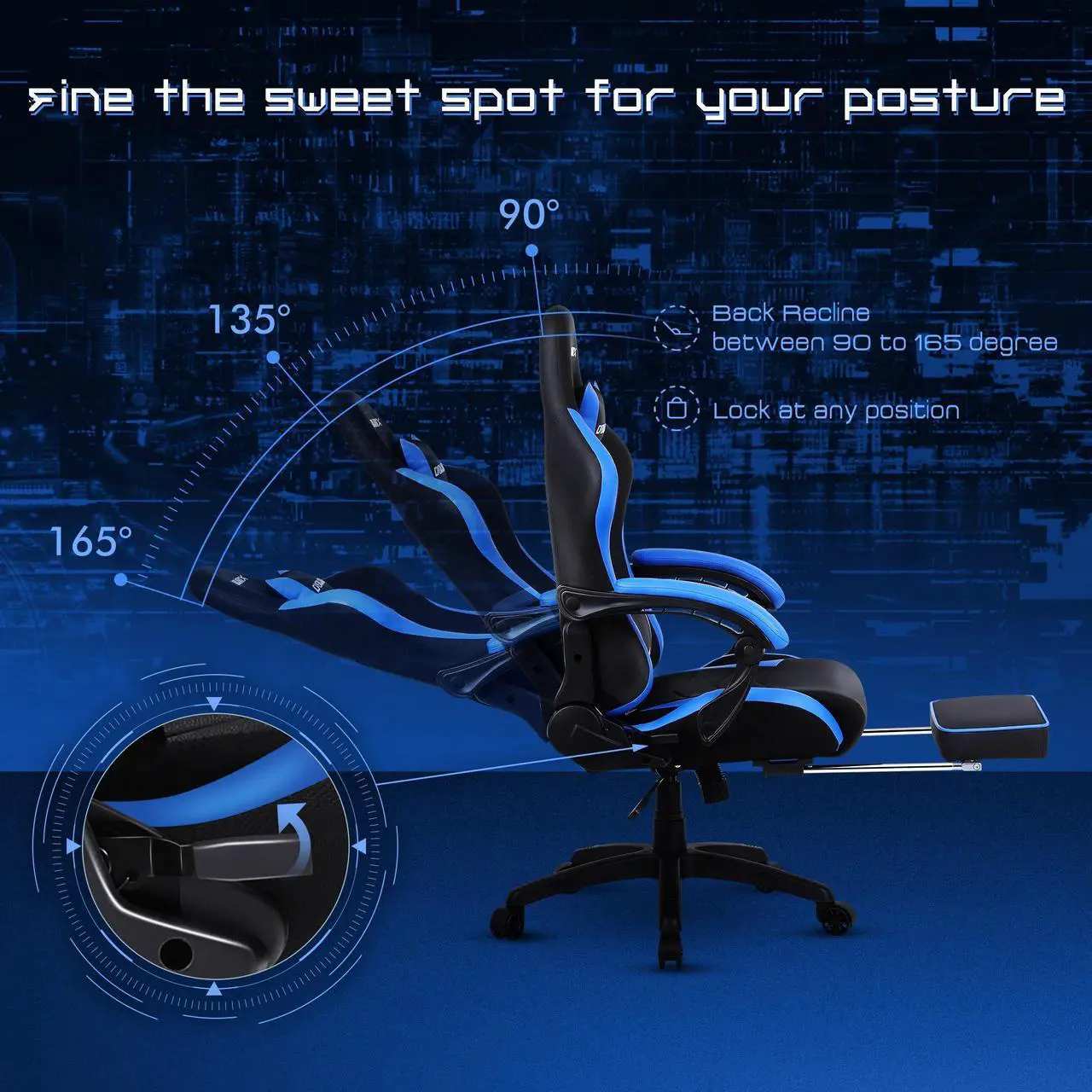 Alt view image 4 of 7 - Dowinx Ergonomic Gaming Chair with Massage Lumbar Support, High Back Office Computer Chair with Footrest, Racing Style Recliner PU Leather Gamer Chairs, Blue