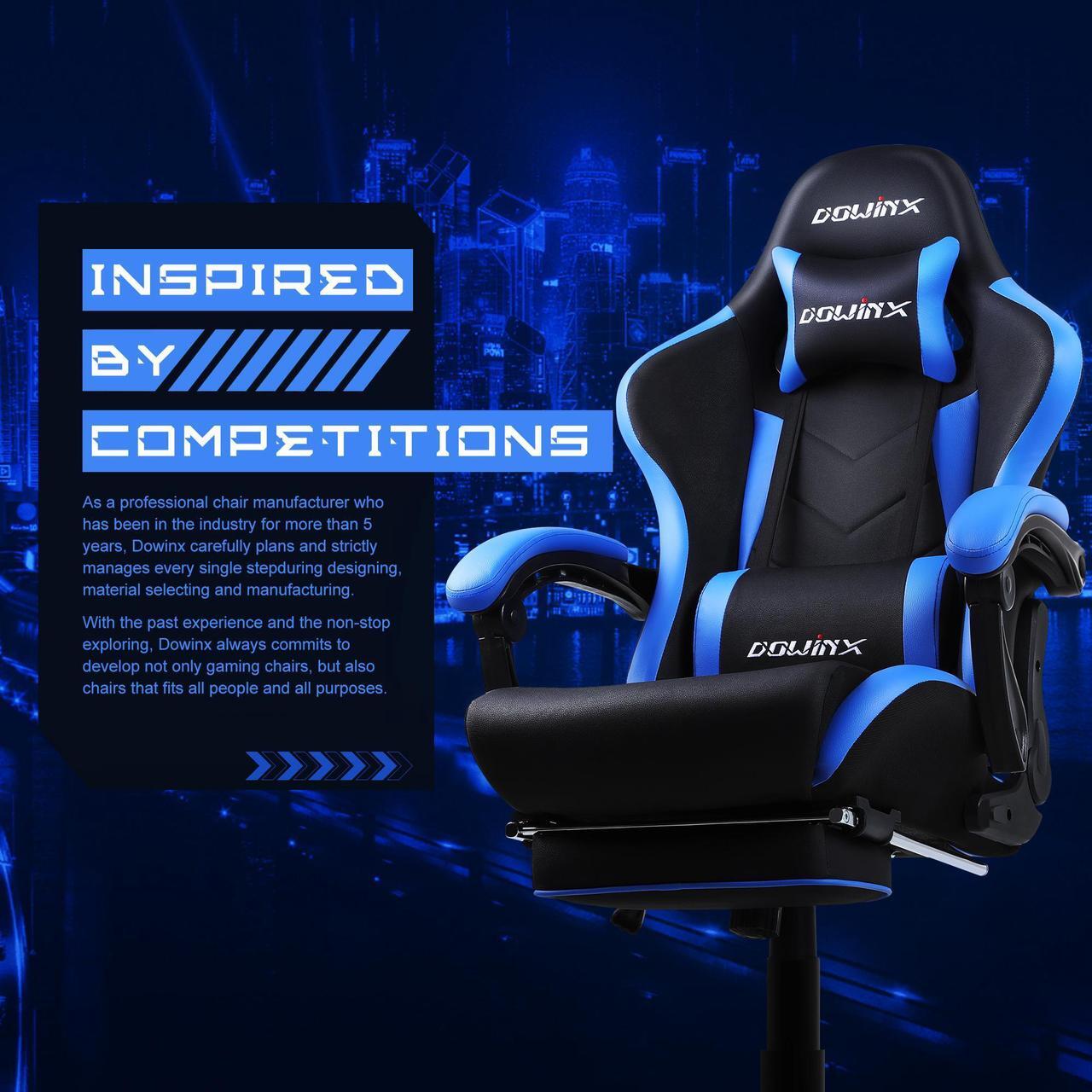 Alt view image 6 of 7 - Dowinx Ergonomic Gaming Chair with Massage Lumbar Support, High Back Office Computer Chair with Footrest, Racing Style Recliner PU Leather Gamer Chairs, Blue