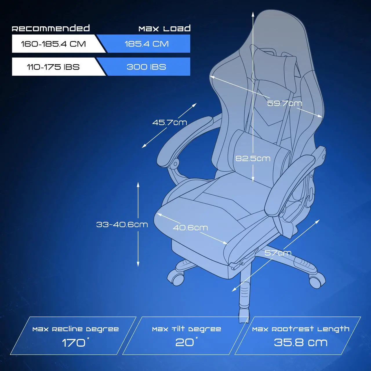 Alt view image 7 of 7 - Dowinx Ergonomic Gaming Chair with Massage Lumbar Support, High Back Office Computer Chair with Footrest, Racing Style Recliner PU Leather Gamer Chairs, Blue