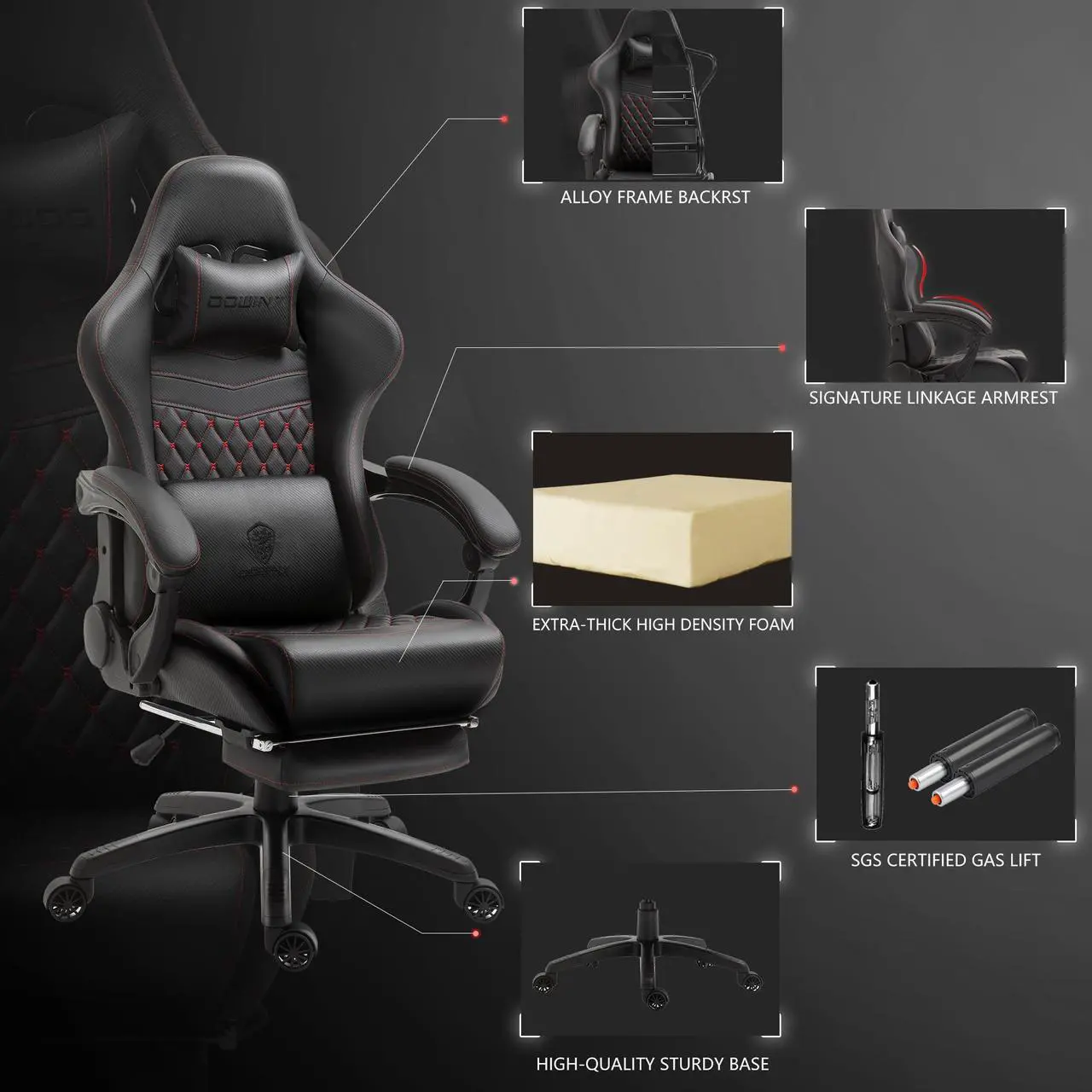 Alt view image 3 of 7 - Dowinx PU Leather Gaming Chair with Massage Lumbar Support High Back Adjustable Office PC Chair Swivel Task Computer Chair with Footrest, Black