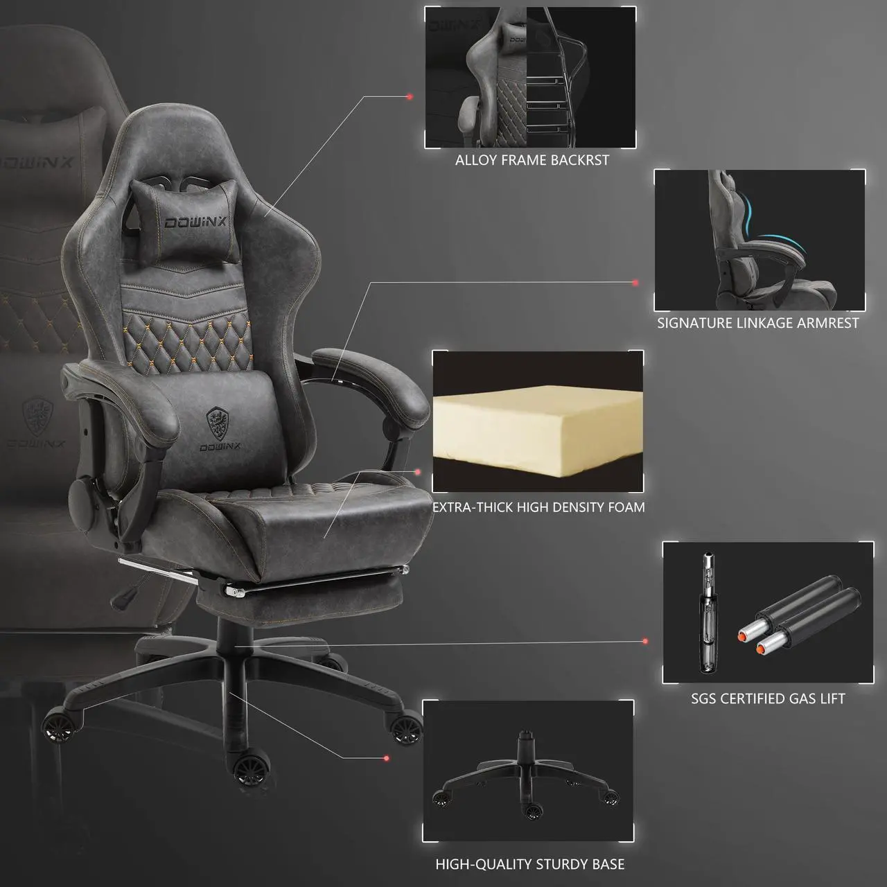 Alt view image 3 of 7 - Dowinx PU Leather Gaming Chair with Massage Lumbar Support High Back Adjustable Office PC Chair Swivel Task Computer Chair with Footrest, Grey