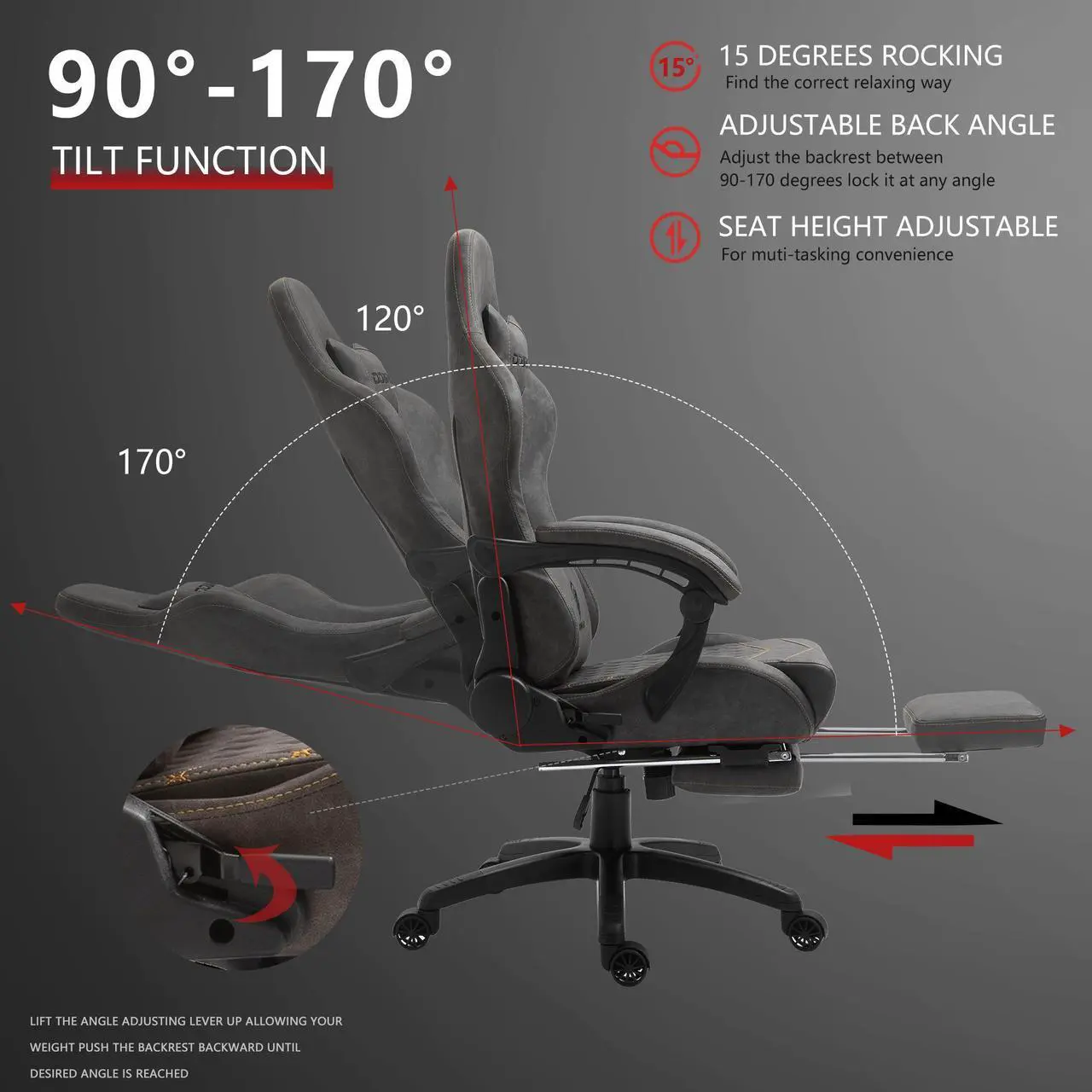 Alt view image 4 of 7 - Dowinx PU Leather Gaming Chair with Massage Lumbar Support High Back Adjustable Office PC Chair Swivel Task Computer Chair with Footrest, Grey