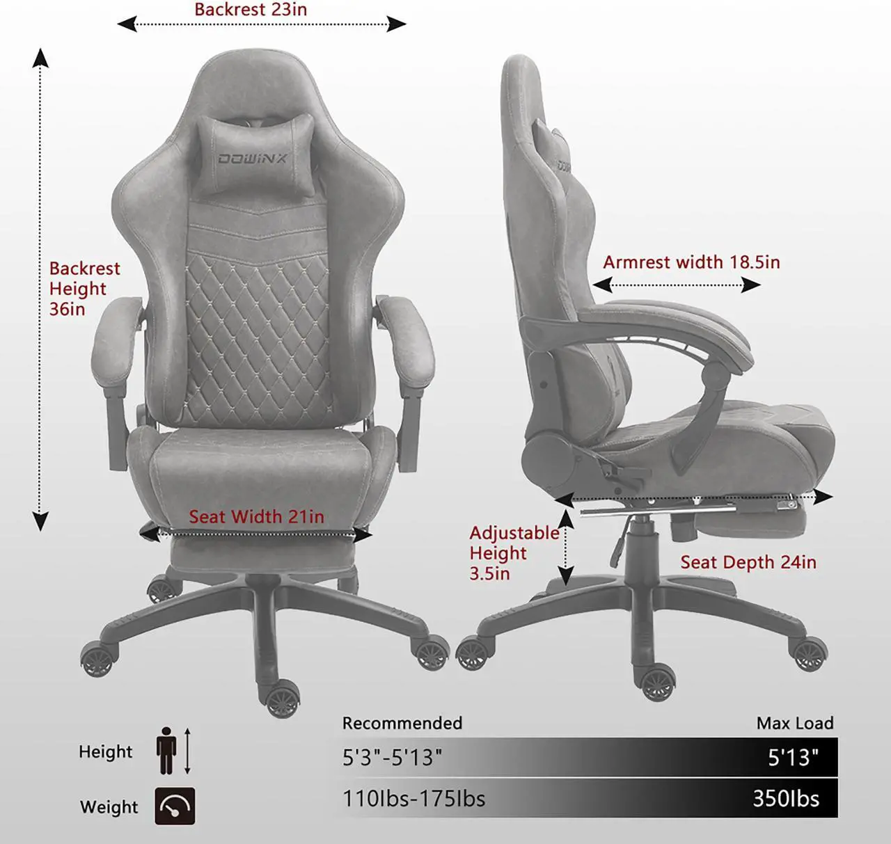 Alt view image 7 of 7 - Dowinx PU Leather Gaming Chair with Massage Lumbar Support High Back Adjustable Office PC Chair Swivel Task Computer Chair with Footrest, Grey