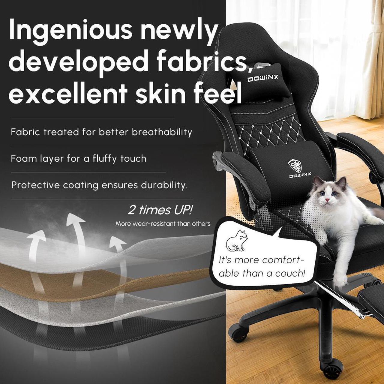 Alt view image 4 of 7 - Dowinx Gaming Chair with Pocket Spring Cushion, Breathable Fabric Computer Chair with Gel Pad, Comfortable Office Chair with Storage Bag, Massage Game Chair with Footrest, Black
