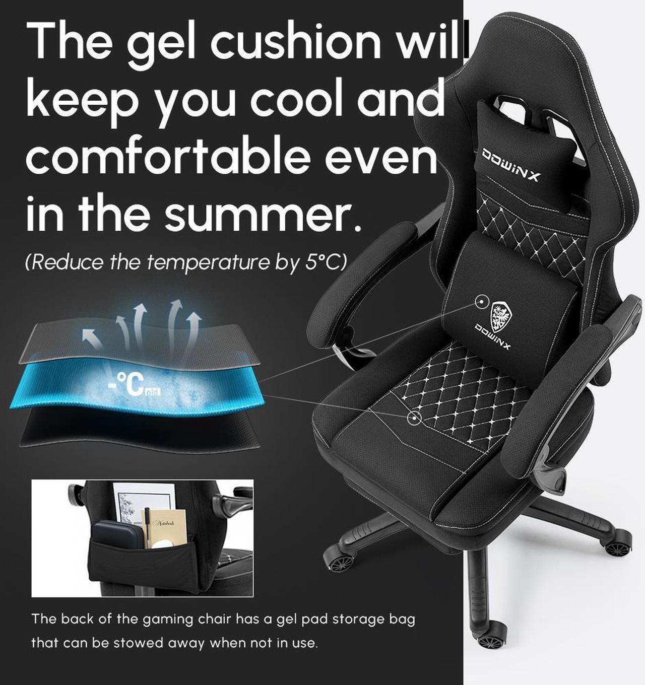 Alt view image 5 of 7 - Dowinx Gaming Chair with Pocket Spring Cushion, Breathable Fabric Computer Chair with Gel Pad, Comfortable Office Chair with Storage Bag, Massage Game Chair with Footrest, Black