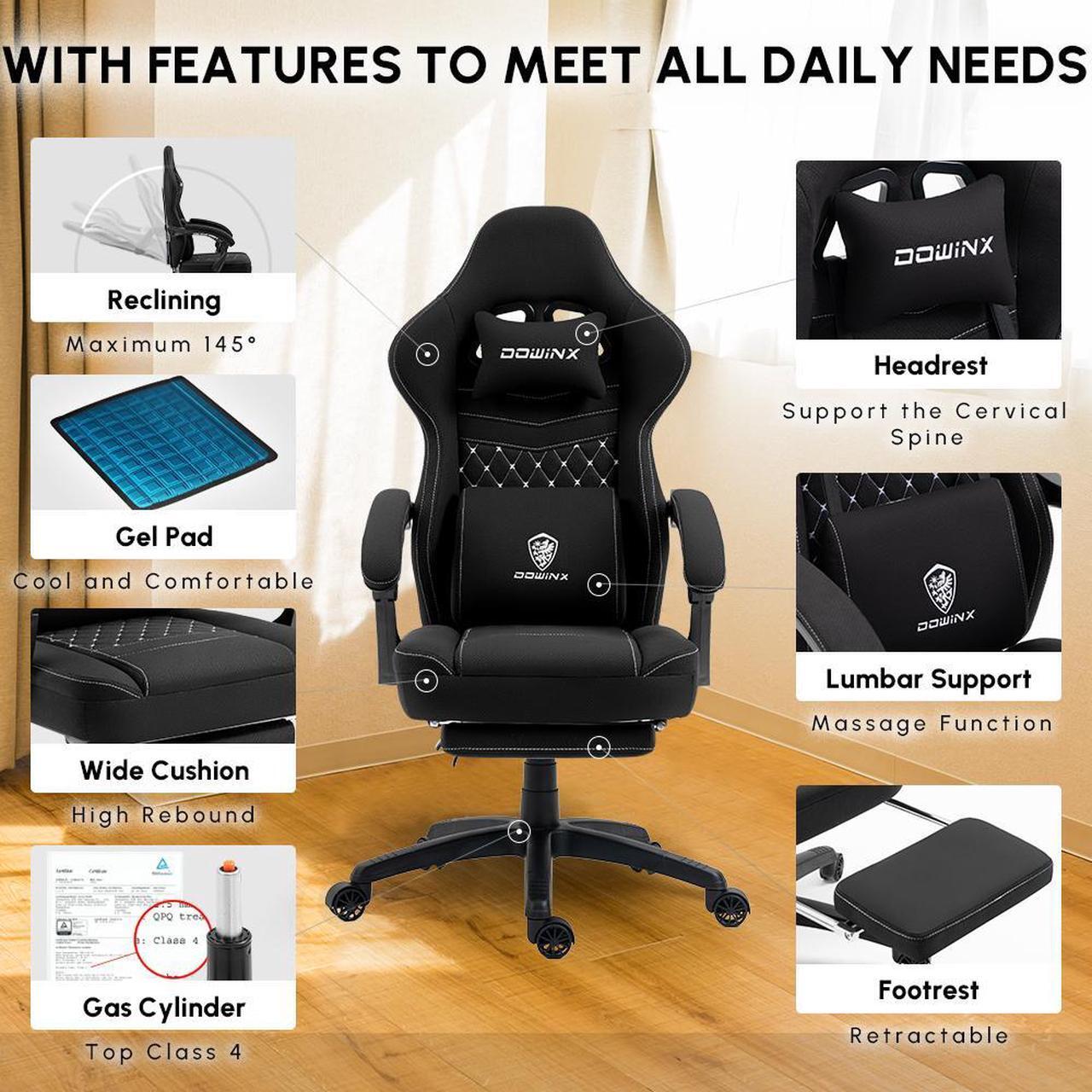 Alt view image 6 of 7 - Dowinx Gaming Chair with Pocket Spring Cushion, Breathable Fabric Computer Chair with Gel Pad, Comfortable Office Chair with Storage Bag, Massage Game Chair with Footrest, Black