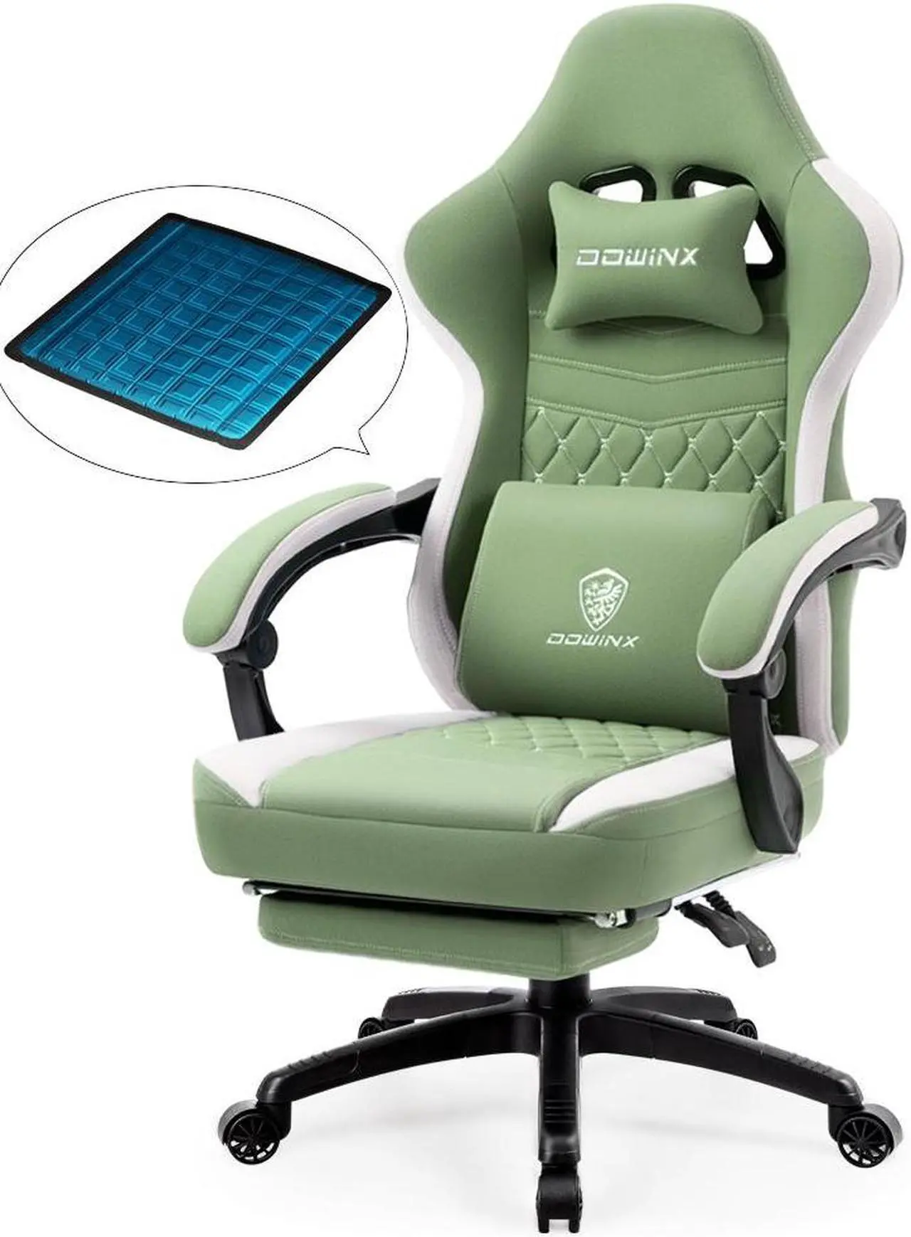 Main image of Dowinx Gaming Chair with Pocket Spring Cushion, Breathable Fabric Computer Chair with Gel Pad, Comfortable Office Chair with Storage Bag, Massage Game Chair with Footrest, Green