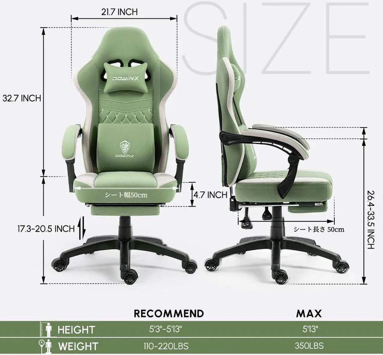 Alt view image 7 of 7 - Dowinx Gaming Chair with Pocket Spring Cushion, Breathable Fabric Computer Chair with Gel Pad, Comfortable Office Chair with Storage Bag, Massage Game Chair with Footrest, Green