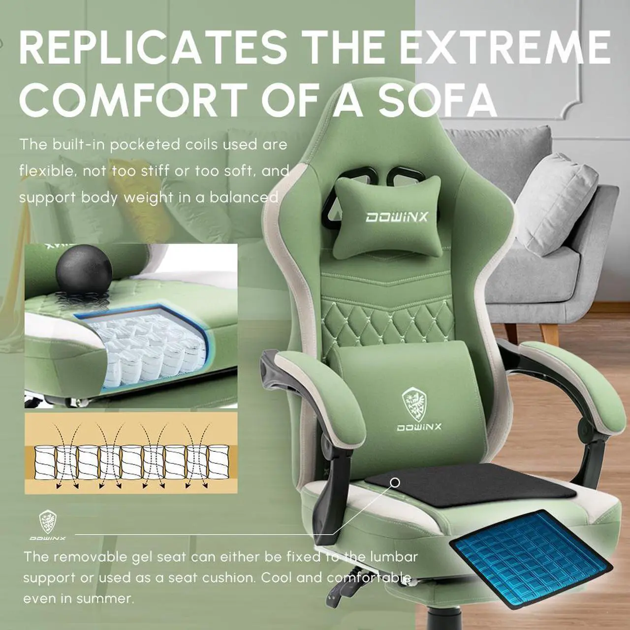 Alt view image 2 of 7 - Dowinx Gaming Chair with Pocket Spring Cushion, Breathable Fabric Computer Chair with Gel Pad, Comfortable Office Chair with Storage Bag, Massage Game Chair with Footrest, Green