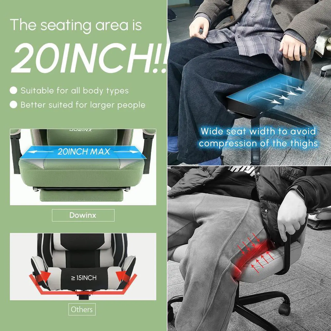 Alt view image 3 of 7 - Dowinx Gaming Chair with Pocket Spring Cushion, Breathable Fabric Computer Chair with Gel Pad, Comfortable Office Chair with Storage Bag, Massage Game Chair with Footrest, Green