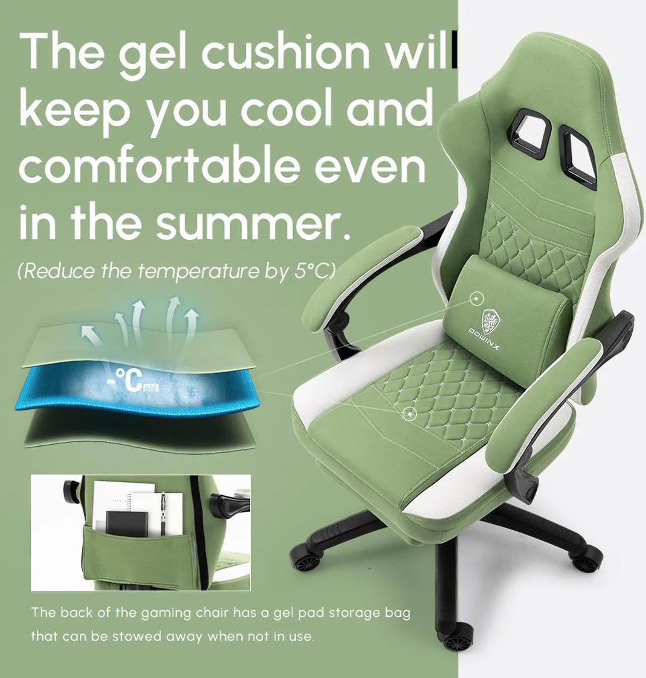 Alt view image 5 of 7 - Dowinx Gaming Chair with Pocket Spring Cushion, Breathable Fabric Computer Chair with Gel Pad, Comfortable Office Chair with Storage Bag, Massage Game Chair with Footrest, Green