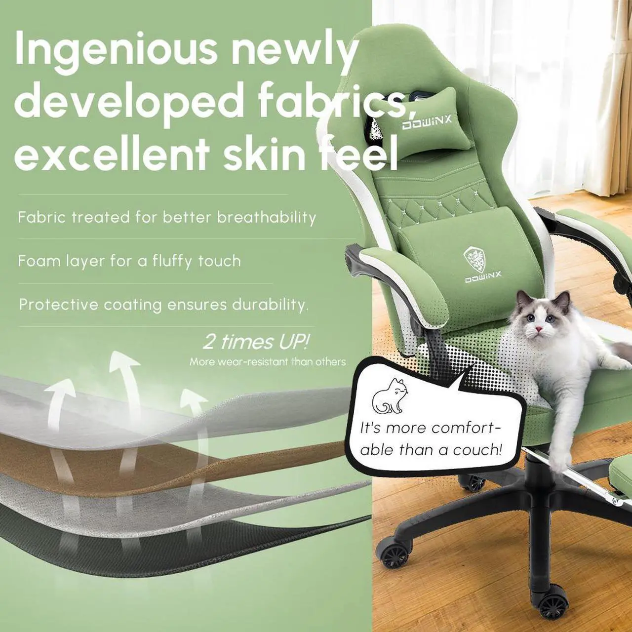 Alt view image 4 of 7 - Dowinx Gaming Chair with Pocket Spring Cushion, Breathable Fabric Computer Chair with Gel Pad, Comfortable Office Chair with Storage Bag, Massage Game Chair with Footrest, Green