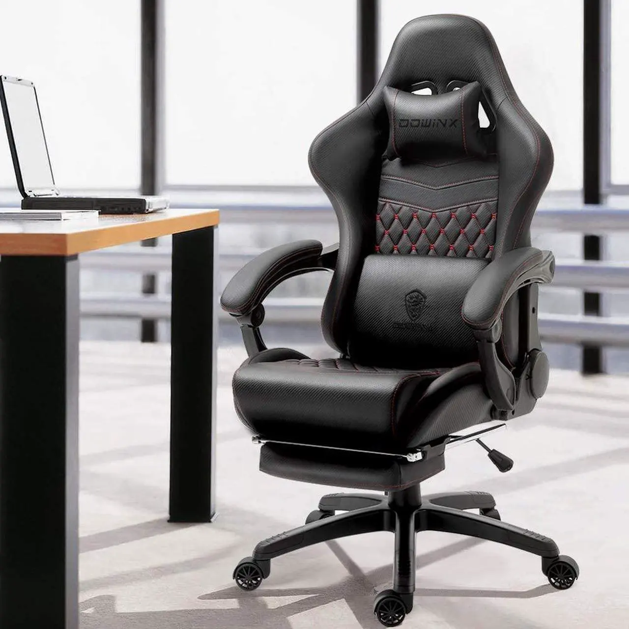 Alt view image 6 of 7 - Dowinx PU Leather Gaming Chair with Massage Lumbar Support High Back Adjustable Office PC Chair Swivel Task Computer Chair with Footrest, Black
