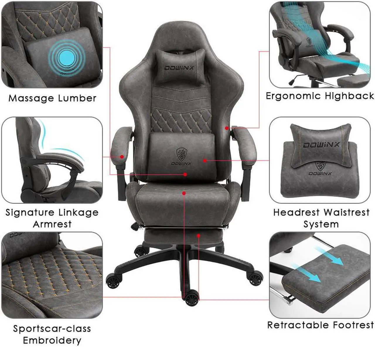 Alt view image 5 of 7 - Dowinx PU Leather Gaming Chair with Massage Lumbar Support High Back Adjustable Office PC Chair Swivel Task Computer Chair with Footrest, Grey