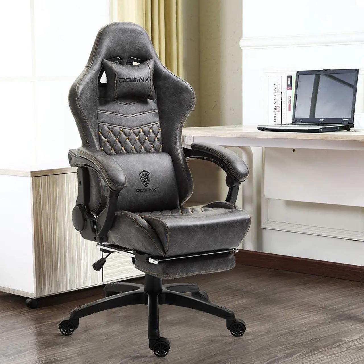 Alt view image 6 of 7 - Dowinx PU Leather Gaming Chair with Massage Lumbar Support High Back Adjustable Office PC Chair Swivel Task Computer Chair with Footrest, Grey