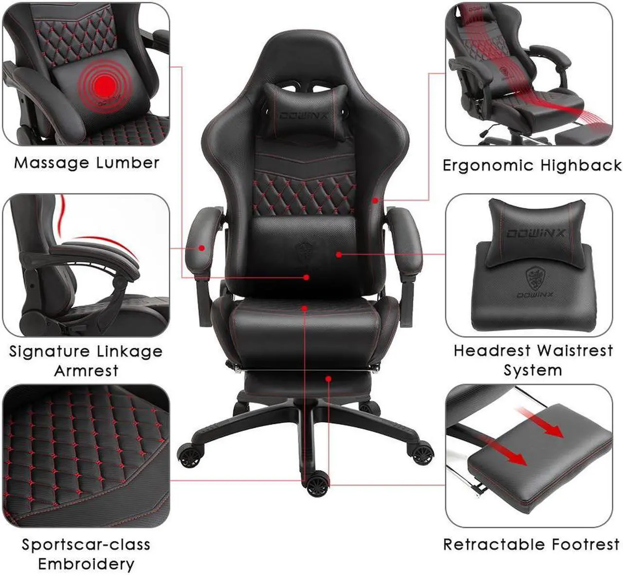 Alt view image 5 of 7 - Dowinx PU Leather Gaming Chair with Massage Lumbar Support High Back Adjustable Office PC Chair Swivel Task Computer Chair with Footrest, Black