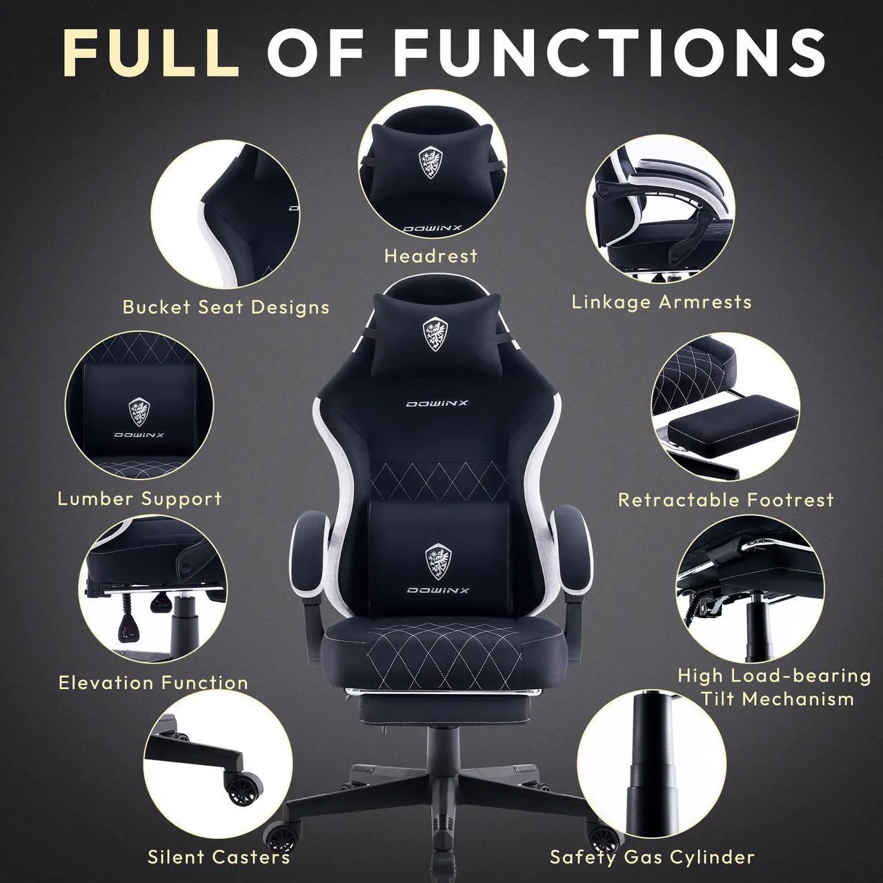 Alt view image 3 of 7 - Dowinx Gaming Chair Fabric with Pocket Spring Cushion, High Back Ergonomic Computer Chair with Footrest and Massage Lumbar Support, Ideal for Office Gaming, Supports Up to 300LBS, Black