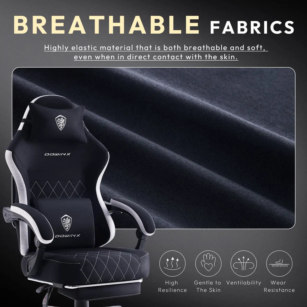 Alt view image 2 of 7 - Dowinx Gaming Chair Fabric with Pocket Spring Cushion, High Back Ergonomic Computer Chair with Footrest and Massage Lumbar Support, Ideal for Office Gaming, Supports Up to 300LBS, Black