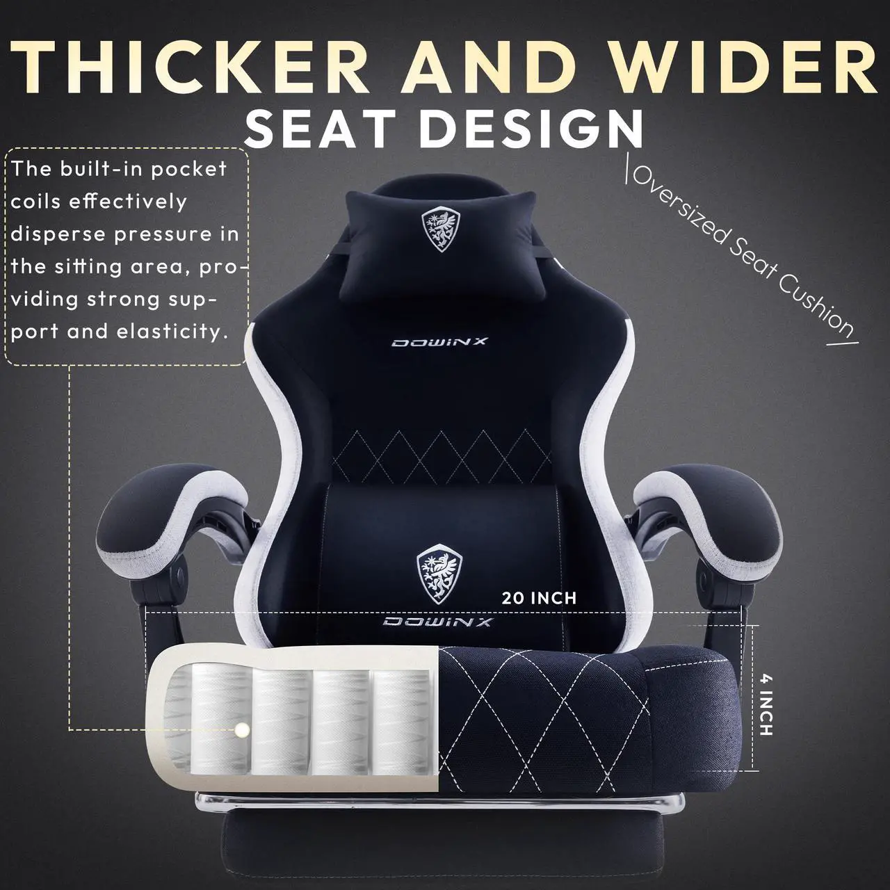 Alt view image 6 of 7 - Dowinx Gaming Chair Fabric with Pocket Spring Cushion, High Back Ergonomic Computer Chair with Footrest and Massage Lumbar Support, Ideal for Office Gaming, Supports Up to 300LBS, Black
