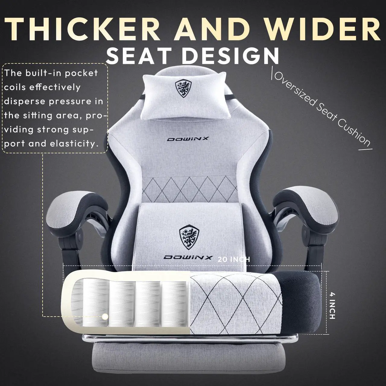 Alt view image 2 of 7 - Dowinx Gaming Chair Fabric with Pocket Spring Cushion, High Back Ergonomic Computer Chair with Footrest and Massage Lumbar Support, Ideal for Office Gaming, Supports Up to 300LBS, Grey