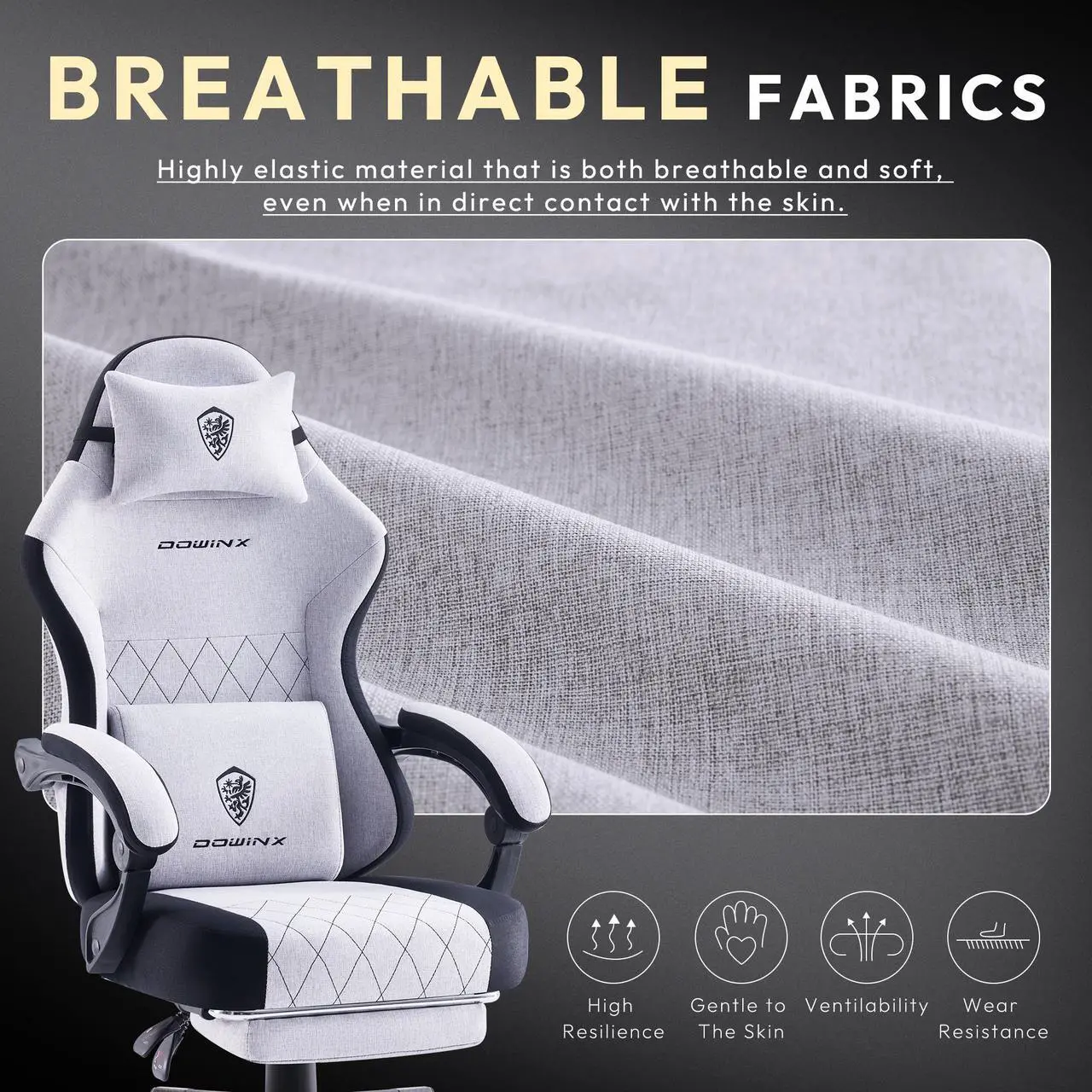 Alt view image 3 of 7 - Dowinx Gaming Chair Fabric with Pocket Spring Cushion, High Back Ergonomic Computer Chair with Footrest and Massage Lumbar Support, Ideal for Office Gaming, Supports Up to 300LBS, Grey