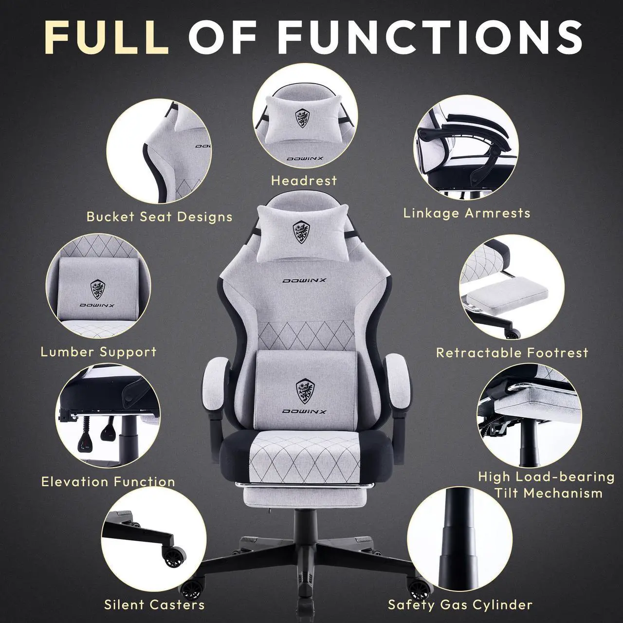 Alt view image 6 of 7 - Dowinx Gaming Chair Fabric with Pocket Spring Cushion, High Back Ergonomic Computer Chair with Footrest and Massage Lumbar Support, Ideal for Office Gaming, Supports Up to 300LBS, Grey