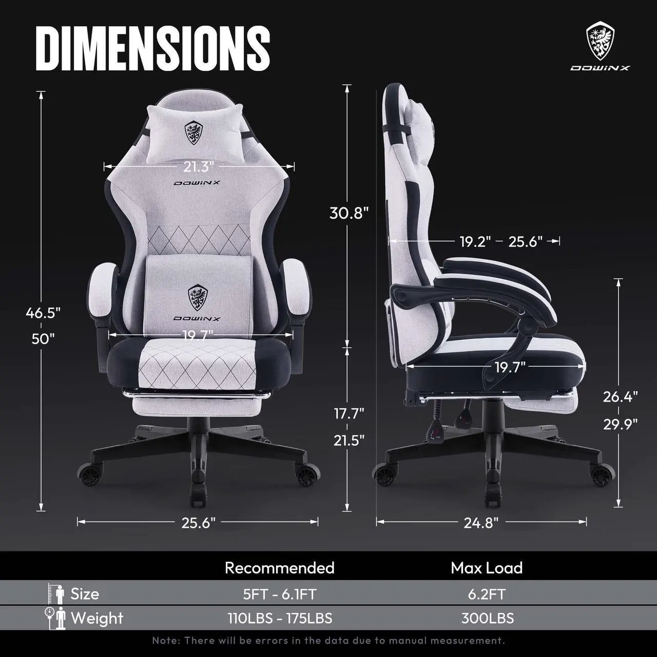 Alt view image 7 of 7 - Dowinx Gaming Chair Fabric with Pocket Spring Cushion, High Back Ergonomic Computer Chair with Footrest and Massage Lumbar Support, Ideal for Office Gaming, Supports Up to 300LBS, Grey