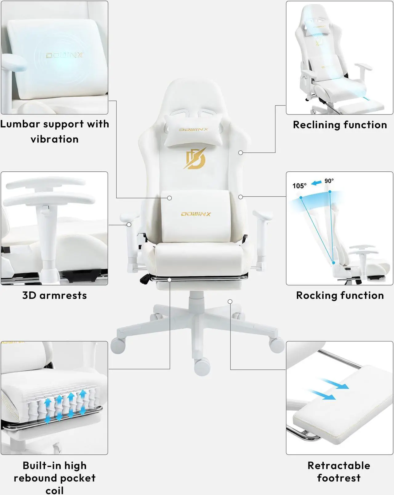 Alt view image 6 of 7 - Dowinx Gaming Chair with Massage Lumbar Support - Ergonomic Suede Fabric Computer Chair with Adjustable Footrest, High Back Reclining Office Gaming Chair for Adults, White