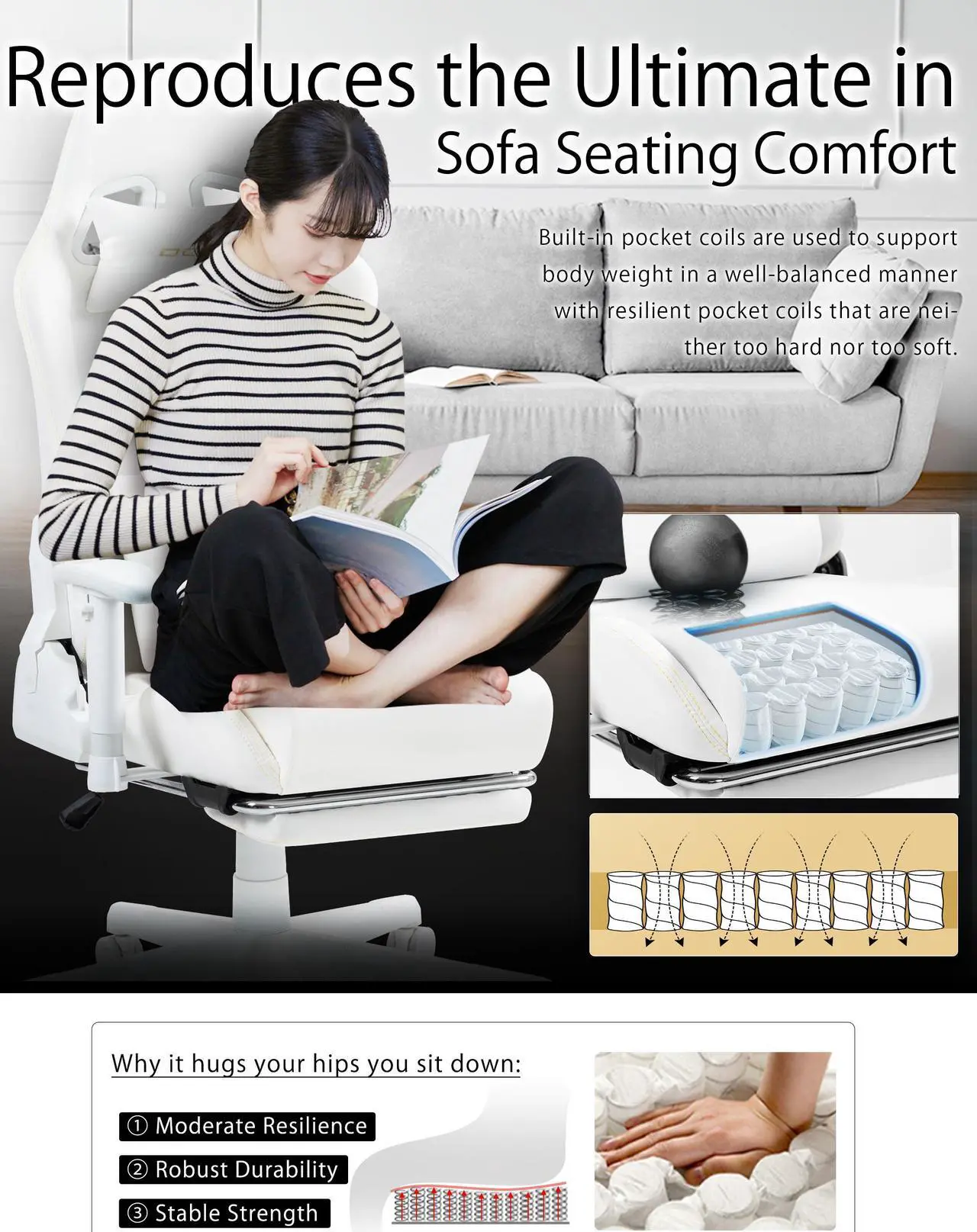Alt view image 4 of 7 - Dowinx Gaming Chair with Massage Lumbar Support - Ergonomic Suede Fabric Computer Chair with Adjustable Footrest, High Back Reclining Office Gaming Chair for Adults, White
