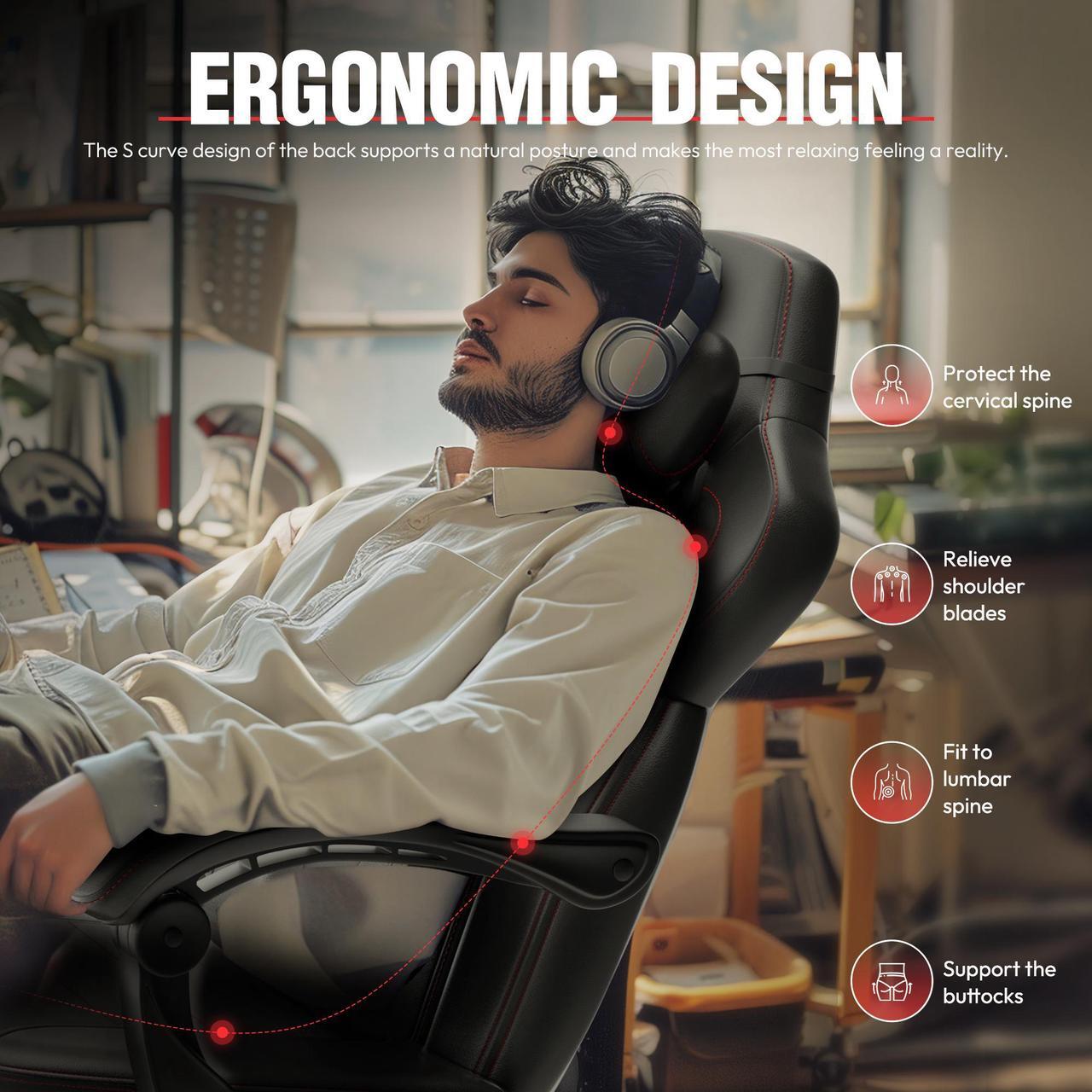 Alt view image 4 of 7 - Dowinx Gaming Chair with Footrest, Ergonomic Massage Game Chair for Adults, Heavy-Duty PC Computer Chair with Massage Lumbar Support, Adjustable Recline and Storage Pouch For Home Office, Black